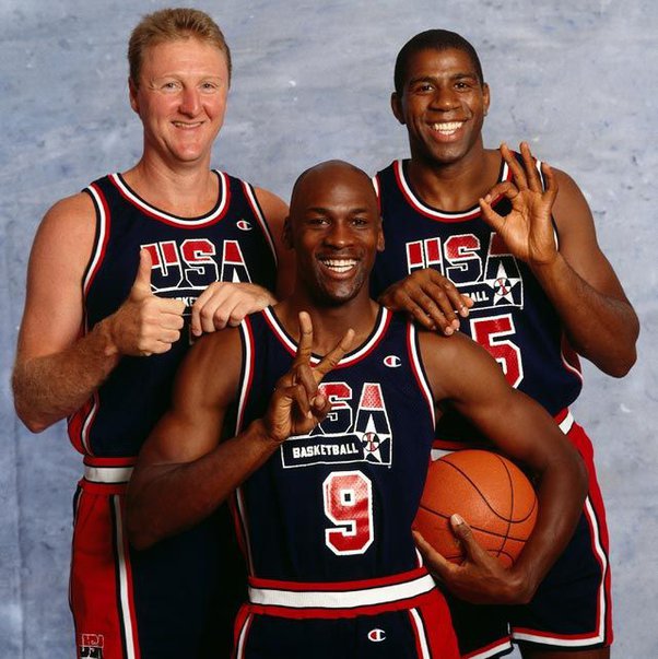 Why do Larry Bird, Michael Jordan, and Magic Johnson hold up numbers 1, 2  and 3 with their fingers in the famous Dream Team picture? - Quora