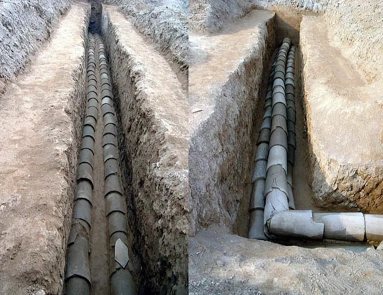 Ceramic water pipes found near Epang Palace resemble the Baigong Pipelines. (China, Warring States, 5th-3rd century BC).