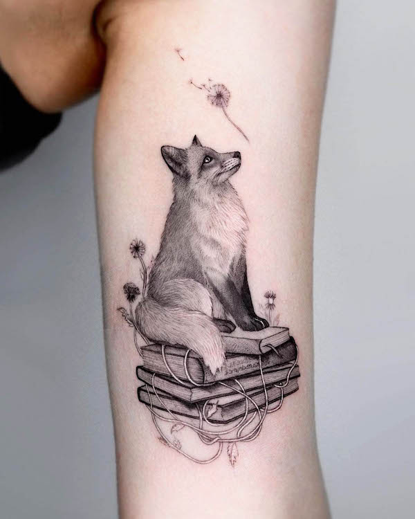 Bookworm fox tattoo by @sana.ink