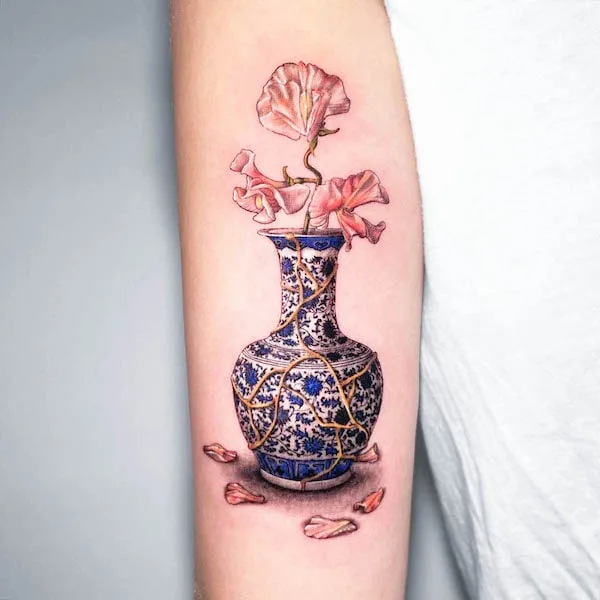 Detailed oriental kintsugi vase tattoo by @poesis_tattoo