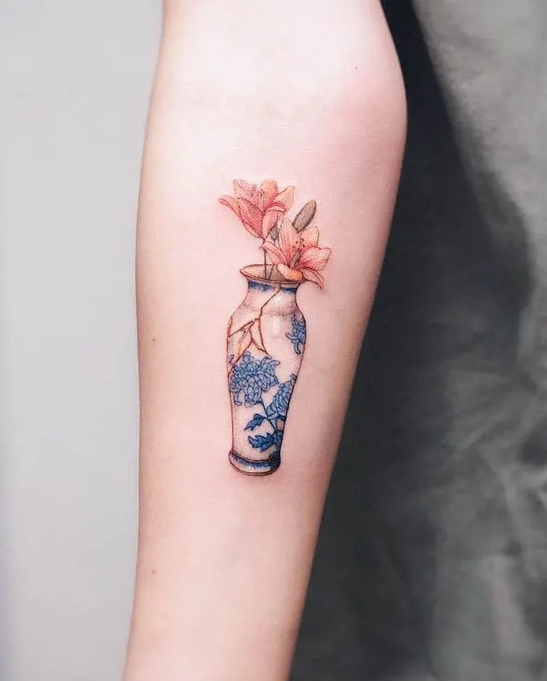 Intricate realism vase and flowers tattoo by @olgacaca