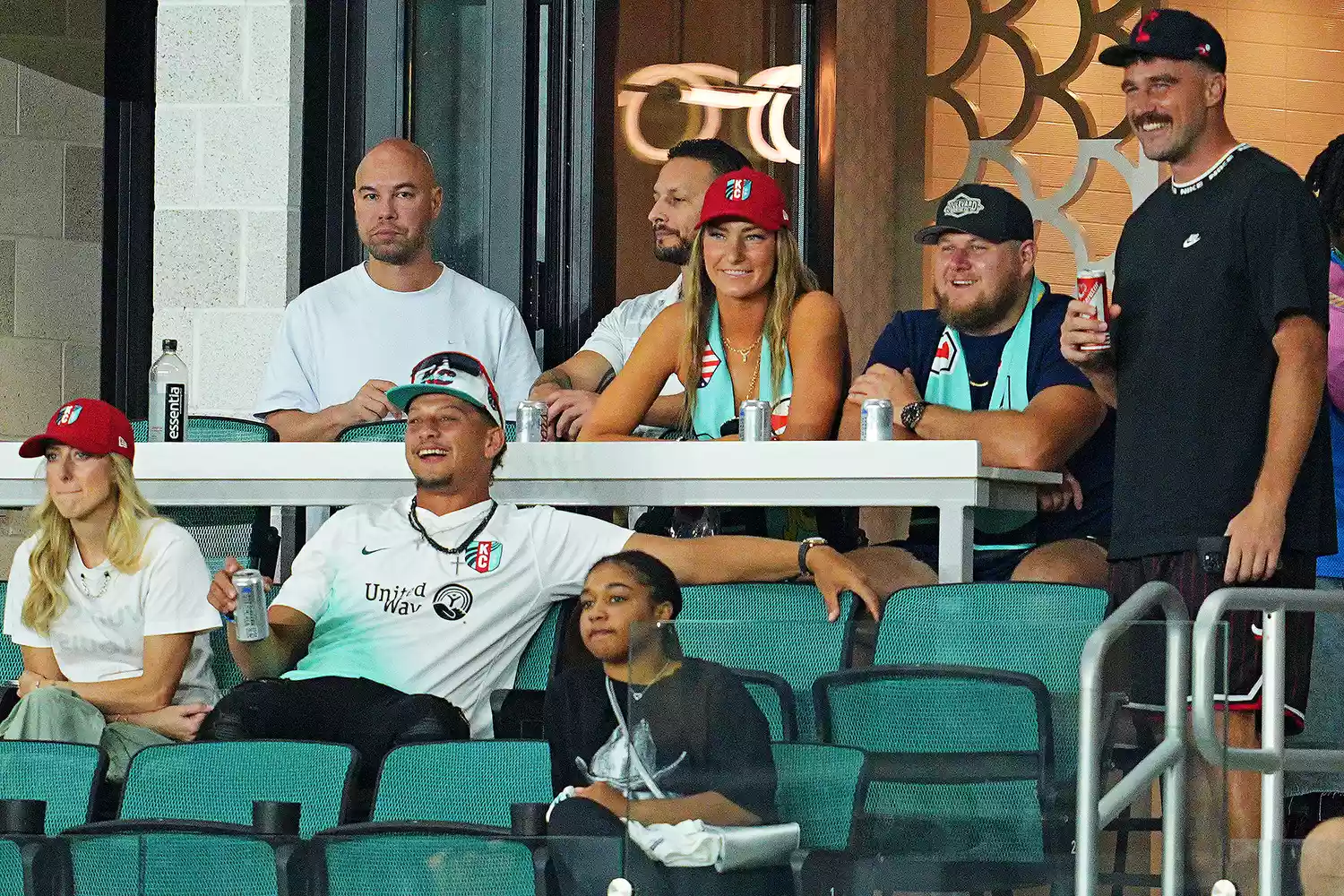 Patrick Mahomes and Brittany Mahomes with Travis Kielce and Creed Humphrey watch the game between the Kansas City Current and Atletico De Madrid