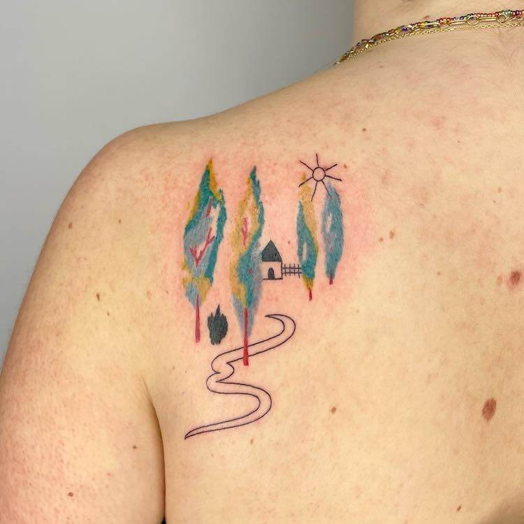 Hand-Drawn House and Colorful Trees Tattoo