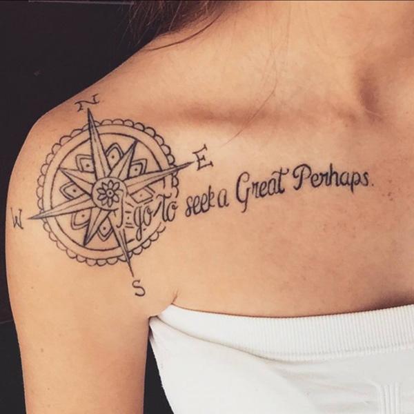 compass clavicle tattoo with quote I go to seek a Great Perhaps