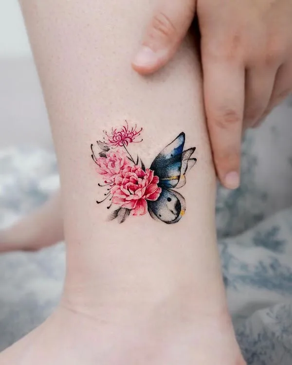 Floral butterfly ankle tattoo by @hwyl.tattoo