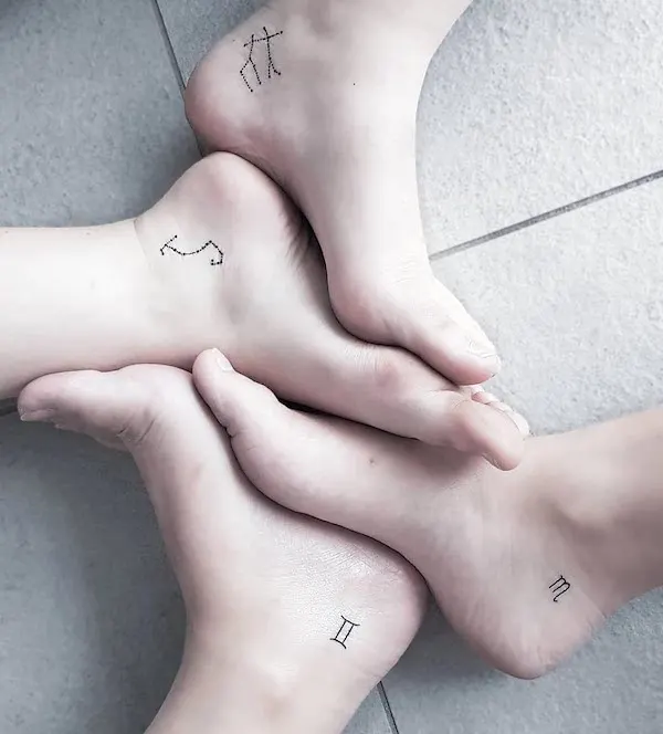 Matching zodiac sign ankle tattoos by @fawnchild