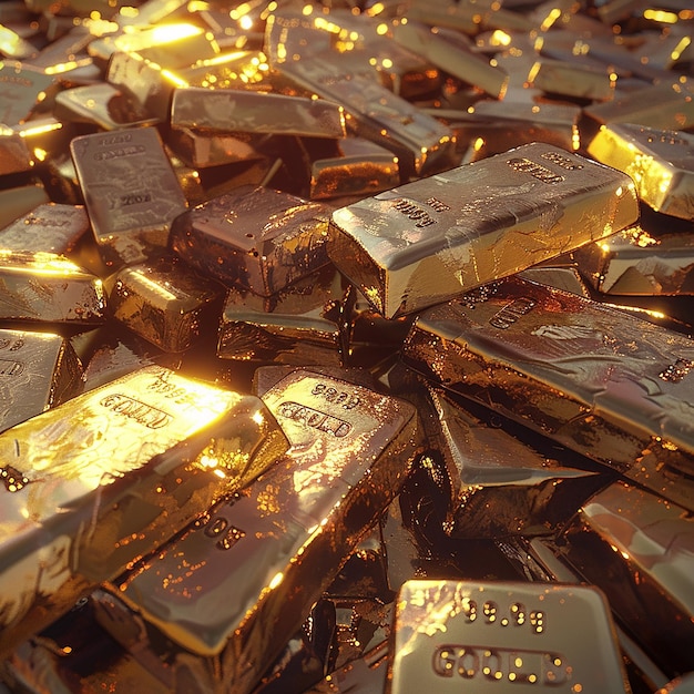 A pile of gold bars rendered in the hyperrealistic style with a focus on the intricate details and