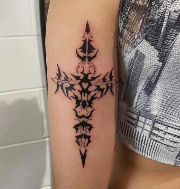 Black and white cyber sigilism sword tattoo