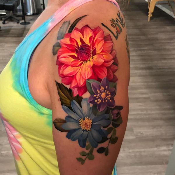 Dahlia and blue daisy tattoo