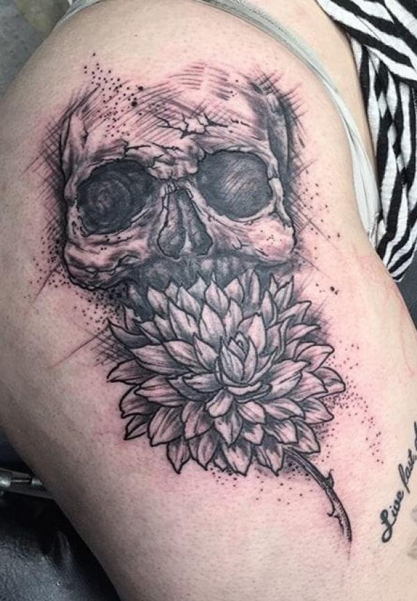 Dahlia and skull drawing tattoo