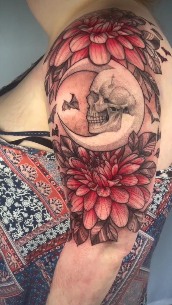 Dahlia and skull moon tattoo