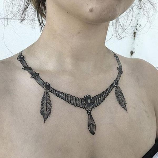 Diamond with feather necklace tattoo for women