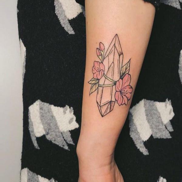 Fine line crystal with pink flowers tattoo