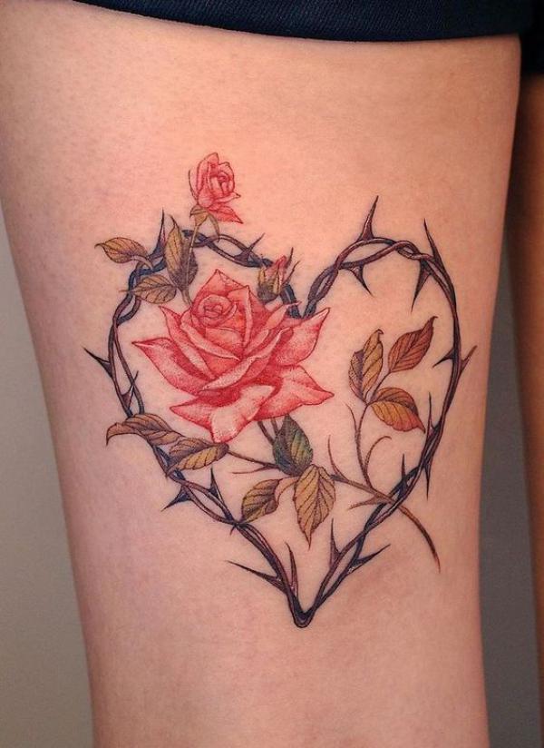 Heart barbed wire rose tattoo