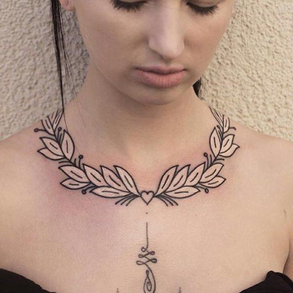 Leaves with Love symbol and Unalome necklace tattoo