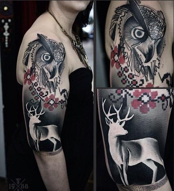 Owl and deer sleeve tattoo