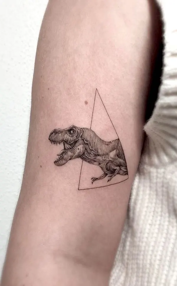 T-rex and triangle arm tattoo by @lenalovesart