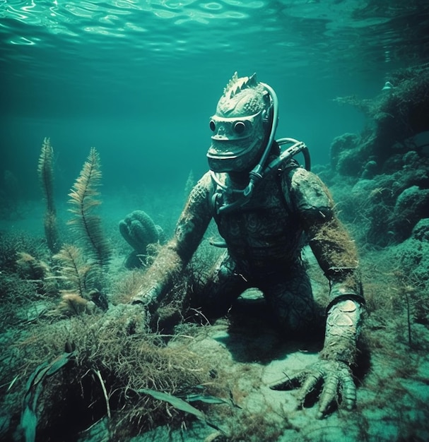 A diver in a underwater world with a large body of water and a sign that says'underwater '