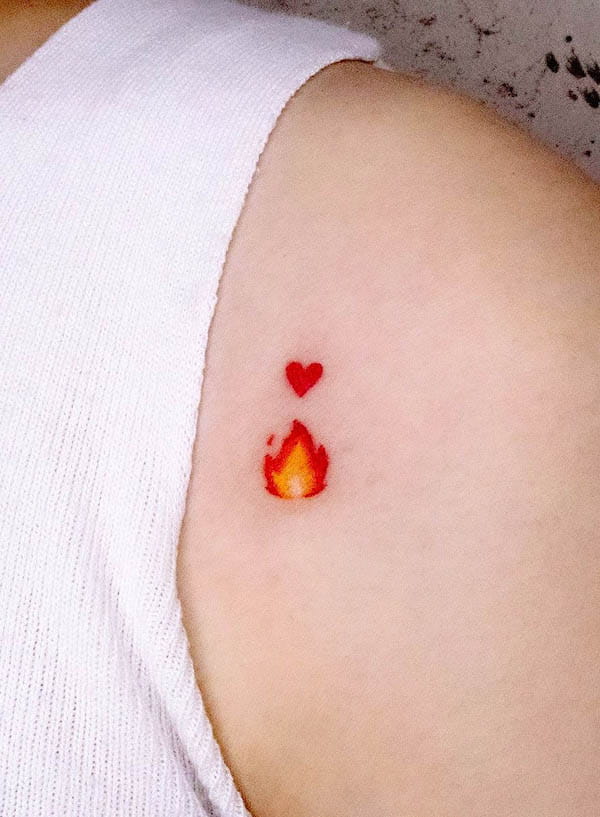 Small fire and heart tattoo by @keenetattoo