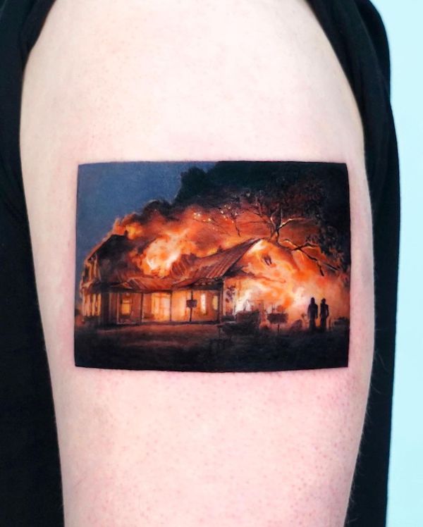 Realistic fire house tattoo by @harry_color