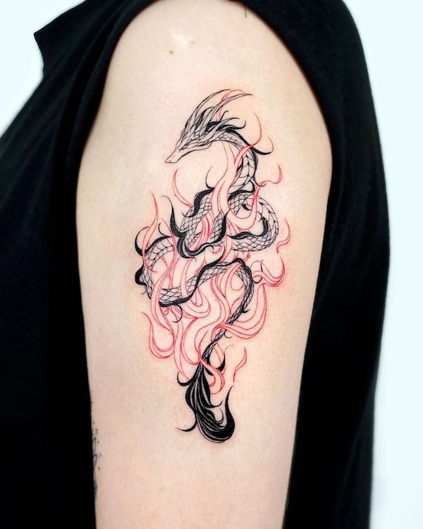 Oriental fire dragon tattoo by @bium_tattoo