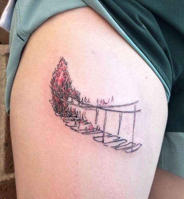 Burn the bridge thigh tattoo by @tangerinetat