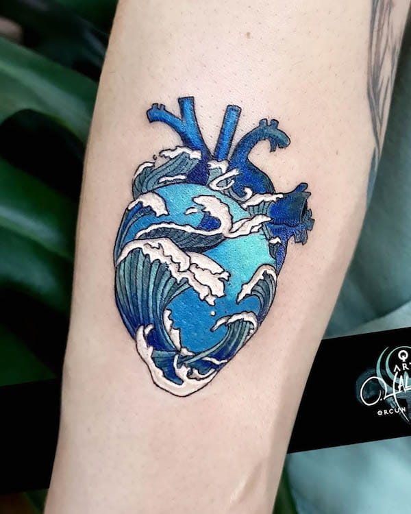 Japanese wave heart tattoo by @orcnyalcn