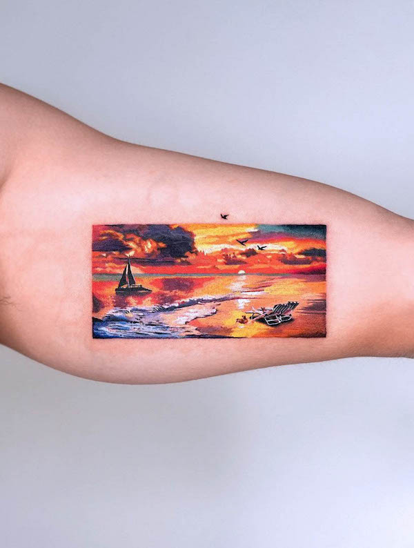 Sunset beach tattoo by @opal.tattoo