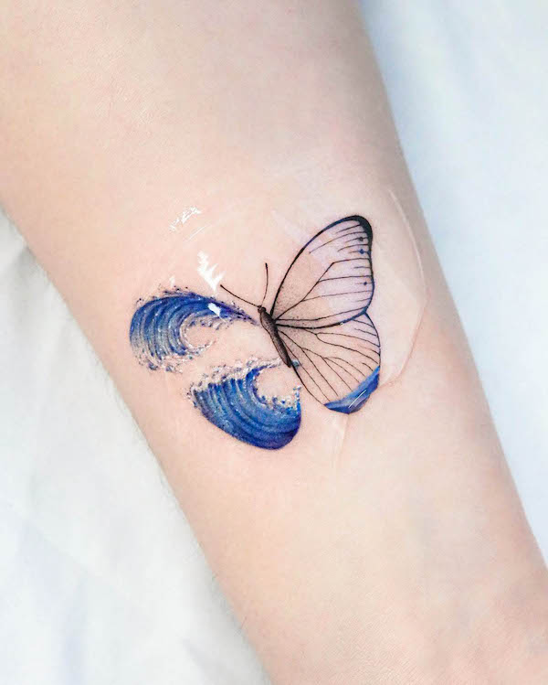 Wave butterfly tattoo by @doublegray_seoul