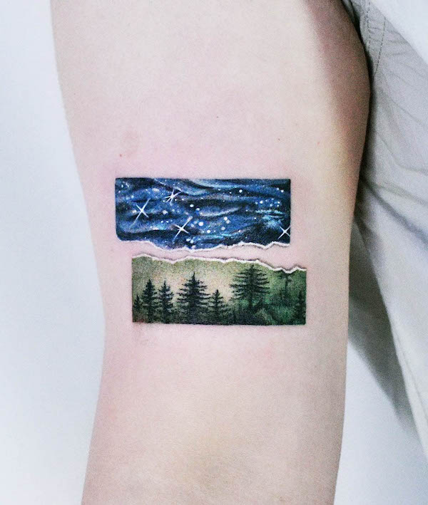 Wave and forest tattoo by @thistle.tattoo