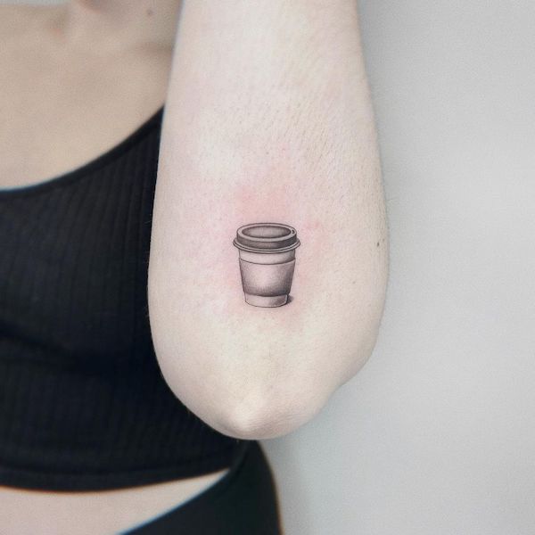 Small coffee elbow tattoo by @zoeylinink