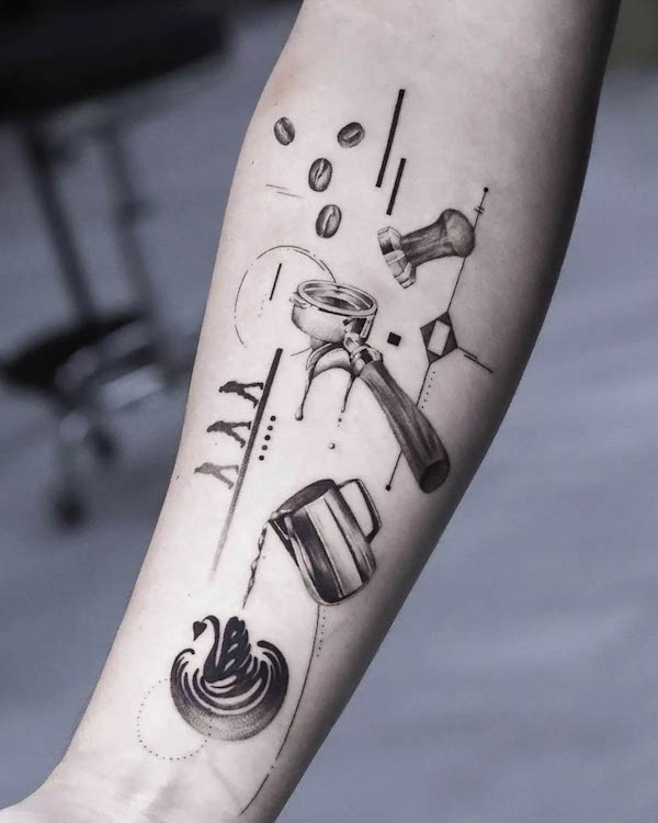 Geometric coffee tools tattoo by @deartattoohk