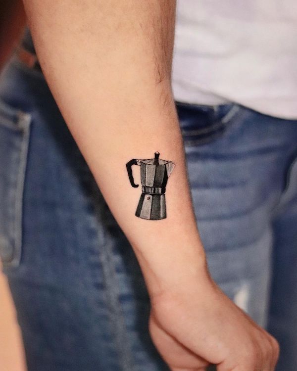 Black moxa pot coffee tattoo by @sophie_suicide