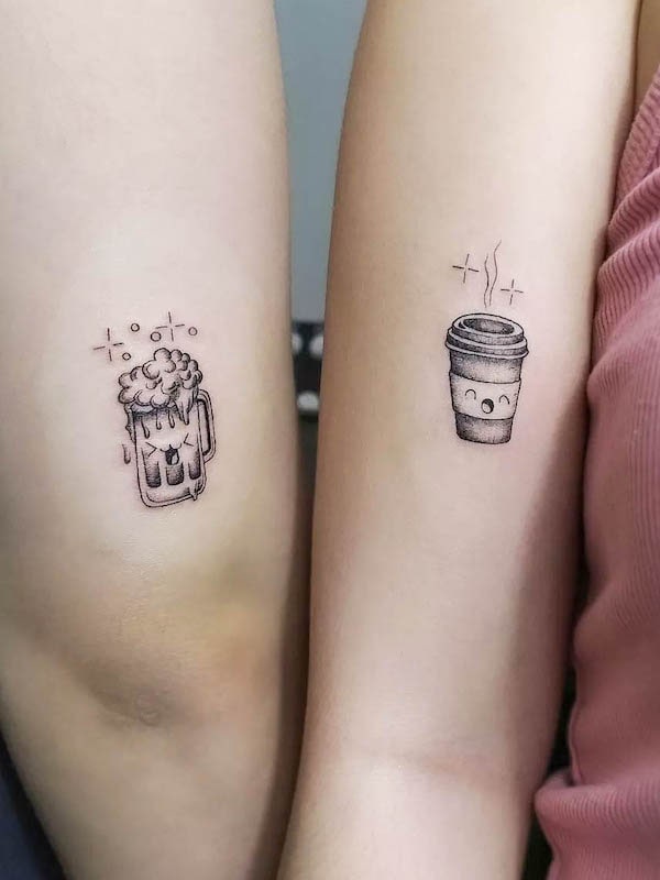 Beer and coffee matching tattoos by @k9.tattoo