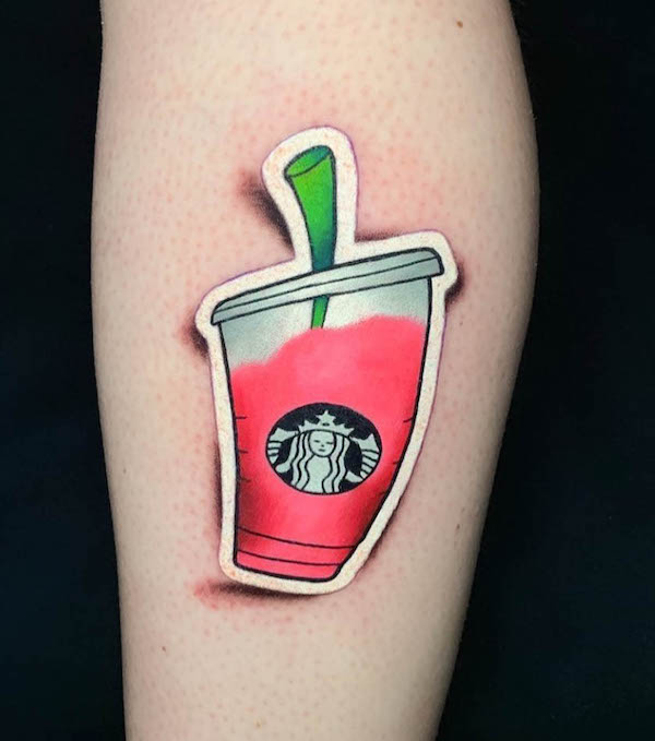 Starbucks sticker tattoo by @fusion_ink