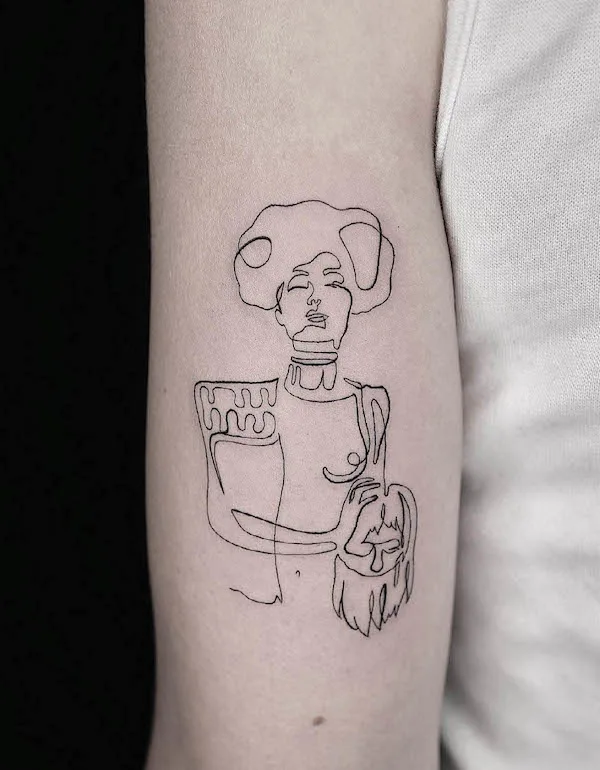 Single-line Judith Klimt tattoo by @pt78tattoo