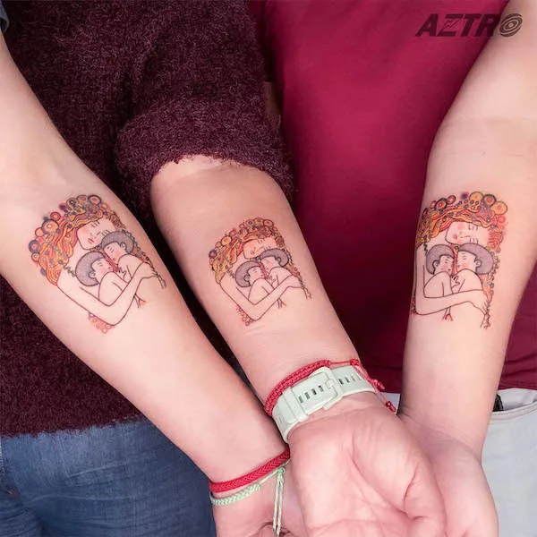 Gustav Klimt tattoos for mother and sons by @aztro_artz