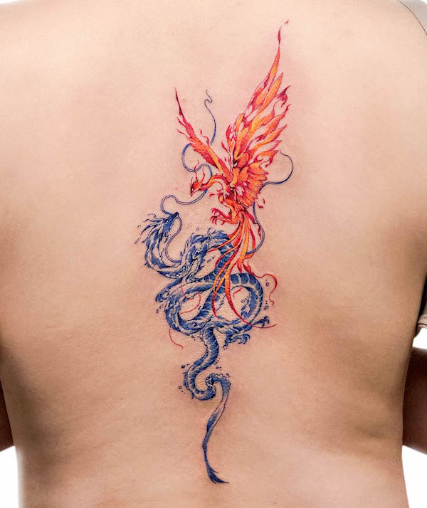 Fire phoenix and water dragon @tattooist.inno