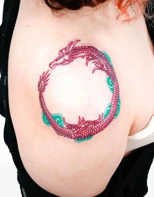 Red dragon shoulder tattoo by @nobodytattoo