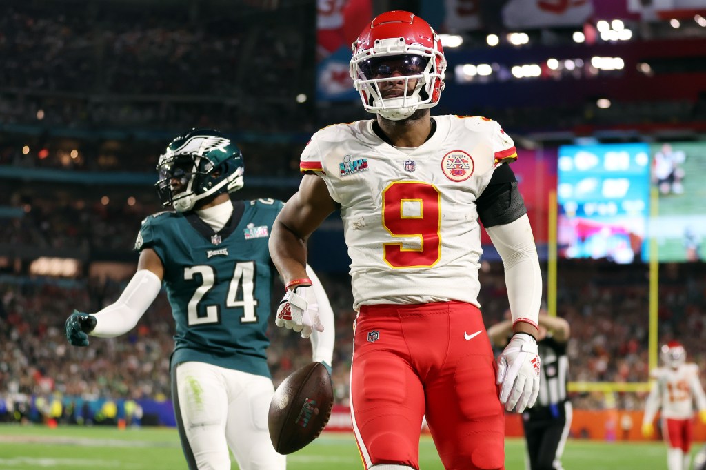 JuJu Smith-Schuster #9 of the Kansas City Chiefs reacts after a play against the Philadelphia Eagles during the fourth quarter in Super Bowl LVII at State Farm Stadium on February 12, 2023 in Glendale, Arizona.