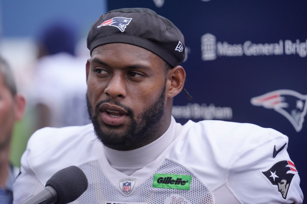 Patriots wide receiver JuJu Smith-Schuster speaks with reporters following  NFL football training camp, Tuesday, July 30, 2024, in Foxborough, Mass.