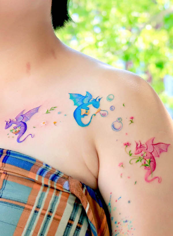 Cute colorful dragons tattoo by @ovenlee.tattoo