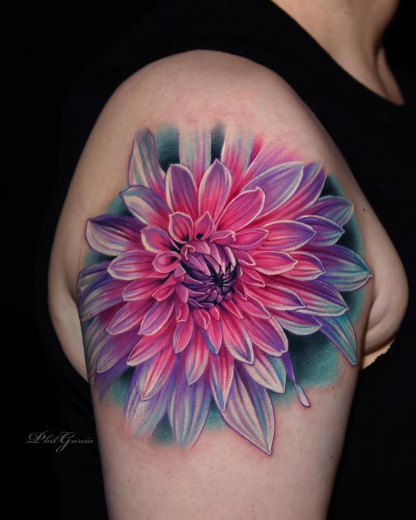 Dahlia shoulder cap tattoo