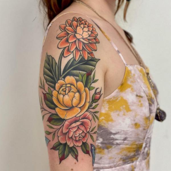 Dahlia with roses half sleeve tattoo