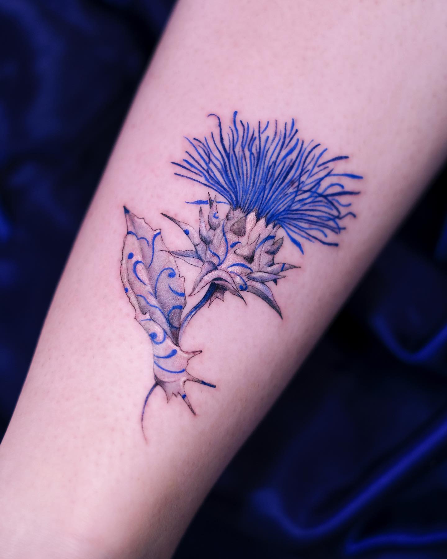 Porcelain thistle tattoo on the inner forearm