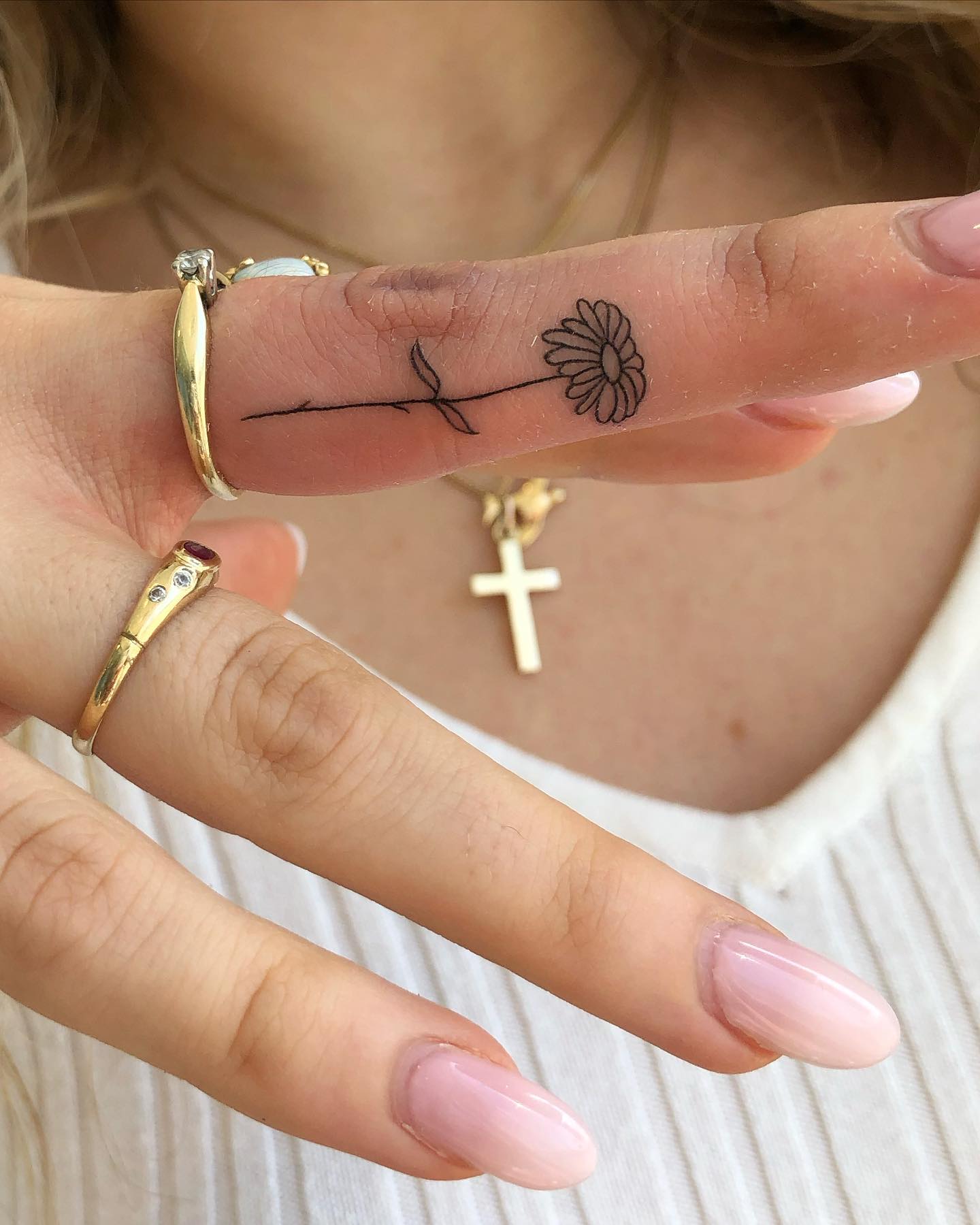 Daisy flower tattoo located on the finger