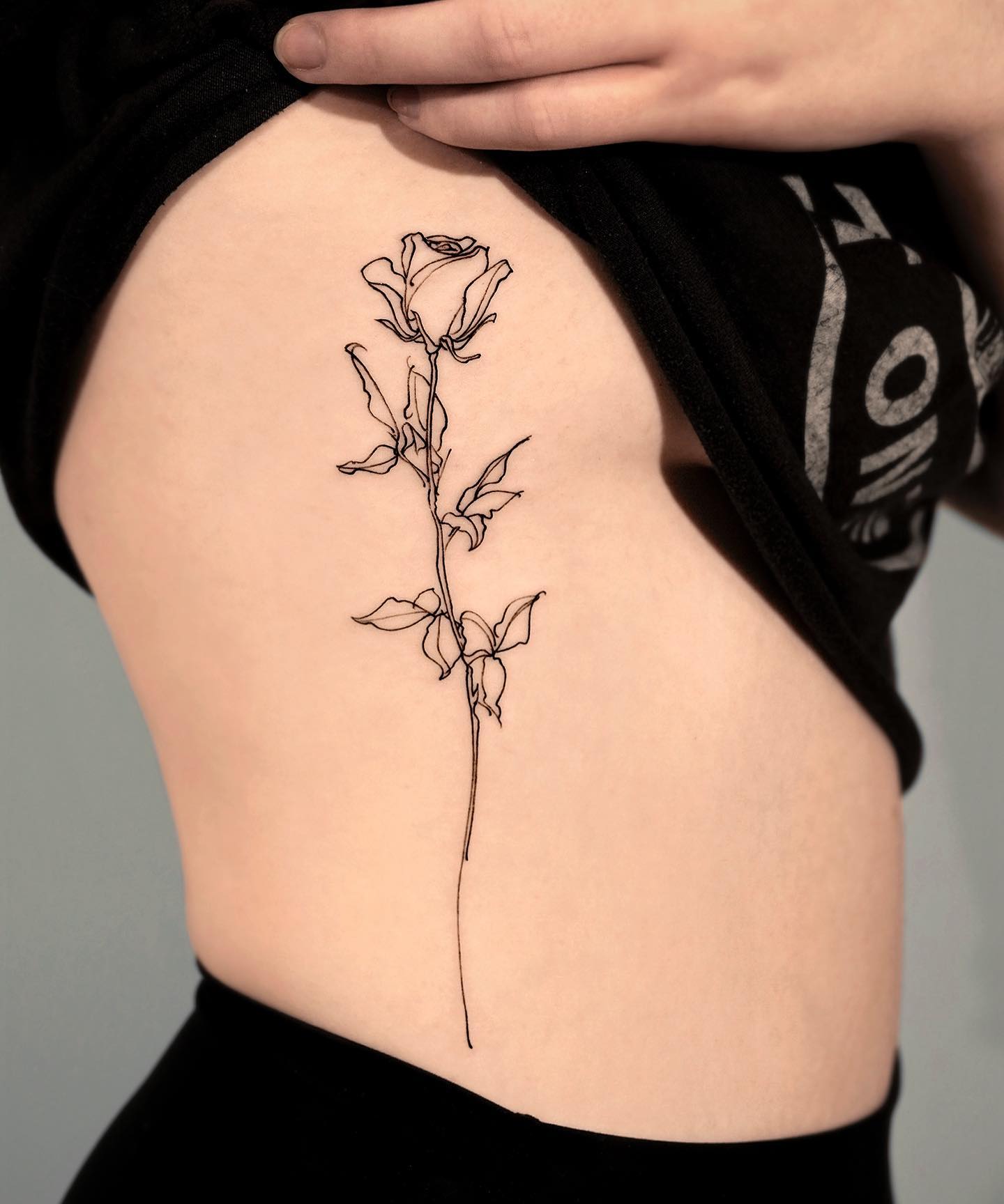 Sketch work style rose tattoo located on the rib