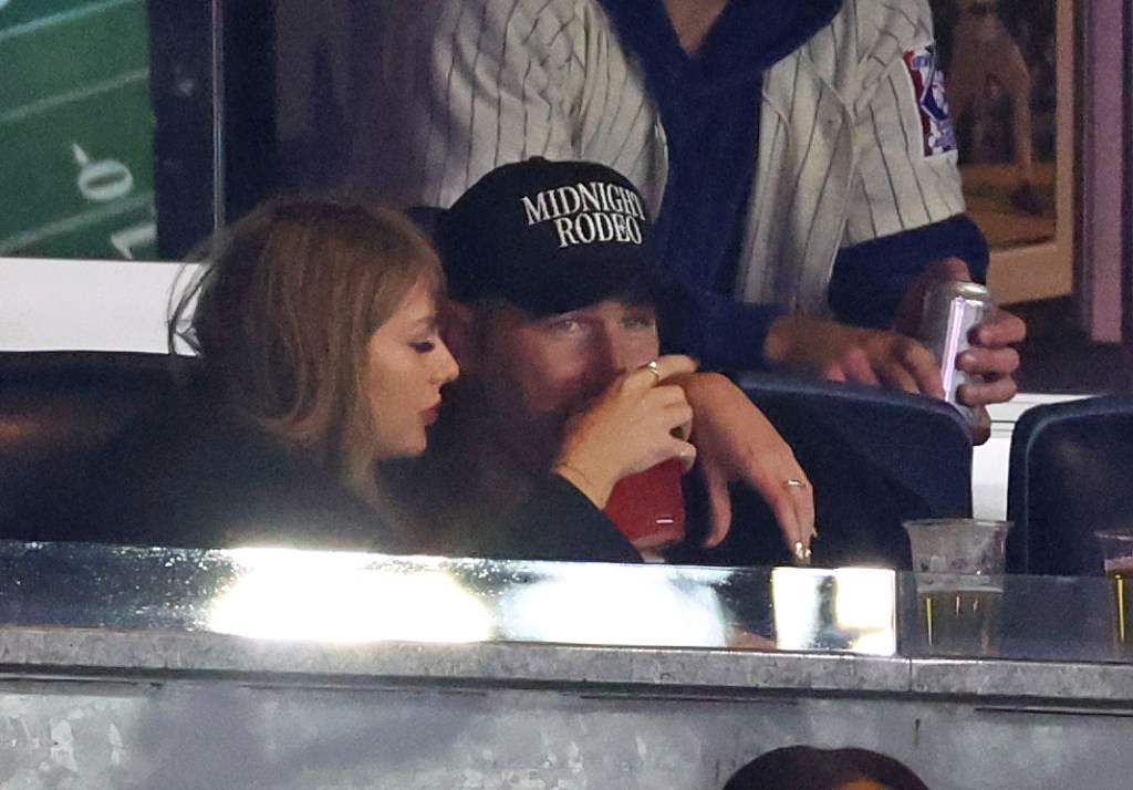 Travis Kelce and Taylor Swift watch game one of the MLB ALCS between the Cleveland Guardians and New York Yankees at Yankee Stadium in New York City on Monday, October 14, 2024.