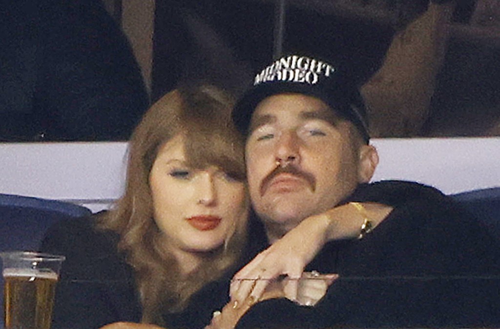 Travis Kelce and Taylor Swift watch game one of the MLB ALCS between the Cleveland Guardians and New York Yankees at Yankee Stadium in New York City on Monday, October 14, 2024.