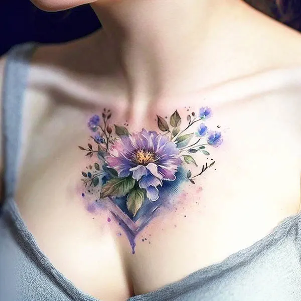 Watercolor flowers chest tattoo for women